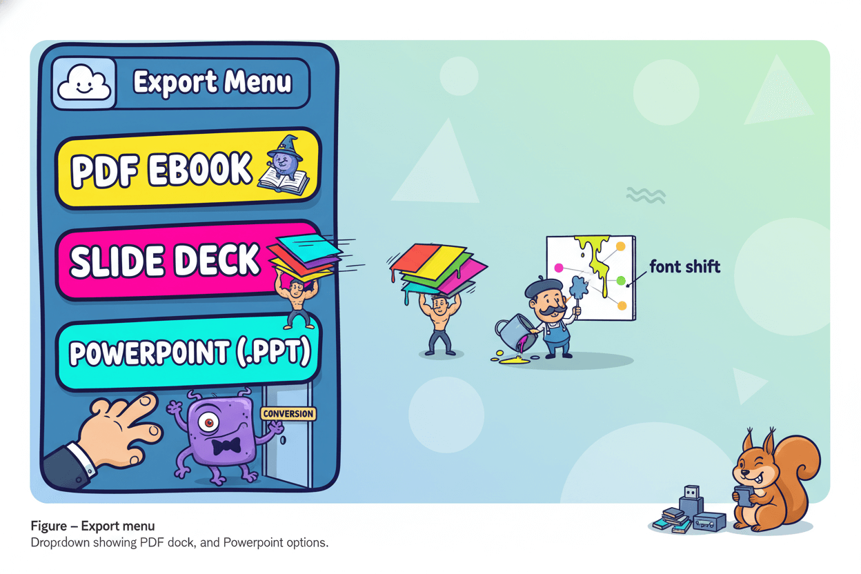 A cartoon export menu displays options for PDF ebook, slide deck, and PowerPoint, with humorous illustrations of conversion issues.