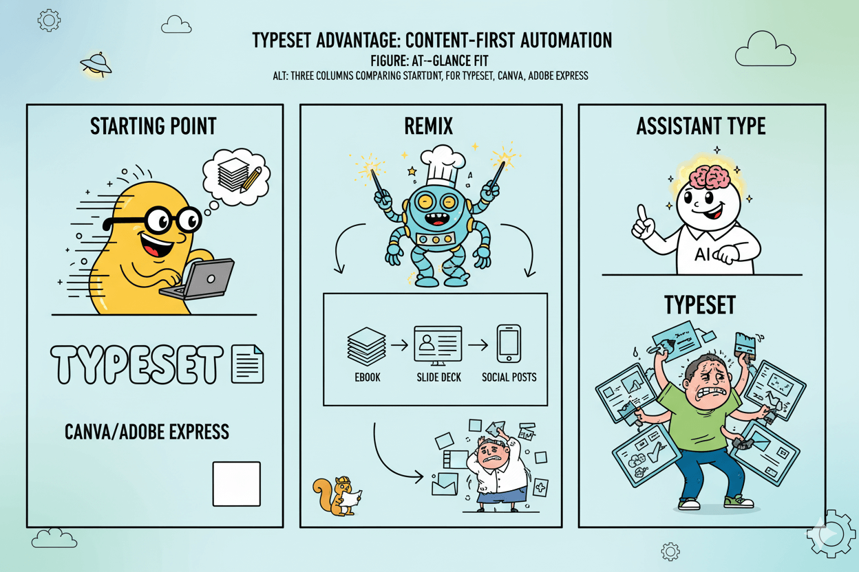 A whimsical flowchart compares Typeset's content-first automation with other design tools, highlighting its advantages for entrepreneurs.