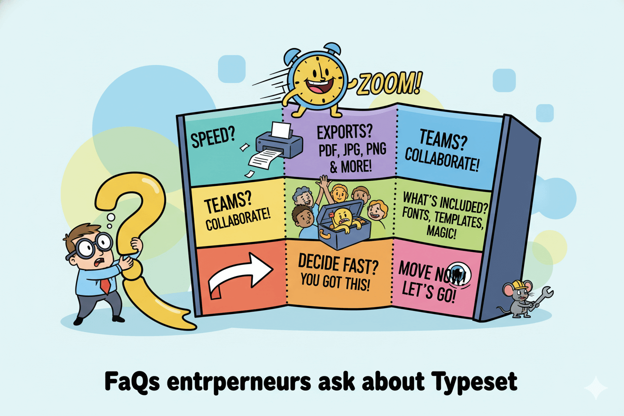 A playful accordion diagram illustrates common questions entrepreneurs ask about Typeset, covering speed, exports, and team collaboration.