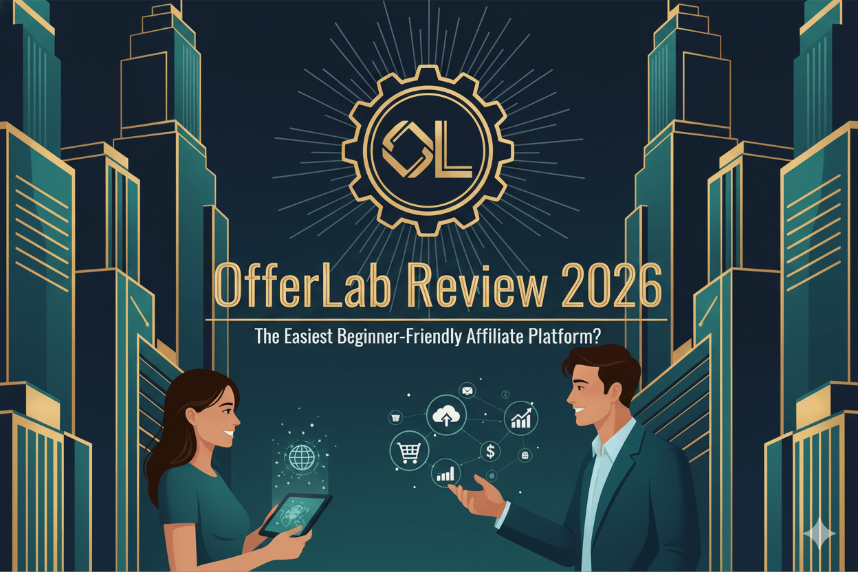 Art Deco Revival style thumbnail with "OfferLab Review 2026" and a couple engaging with digital marketing icons, introducing an affiliate platform review.