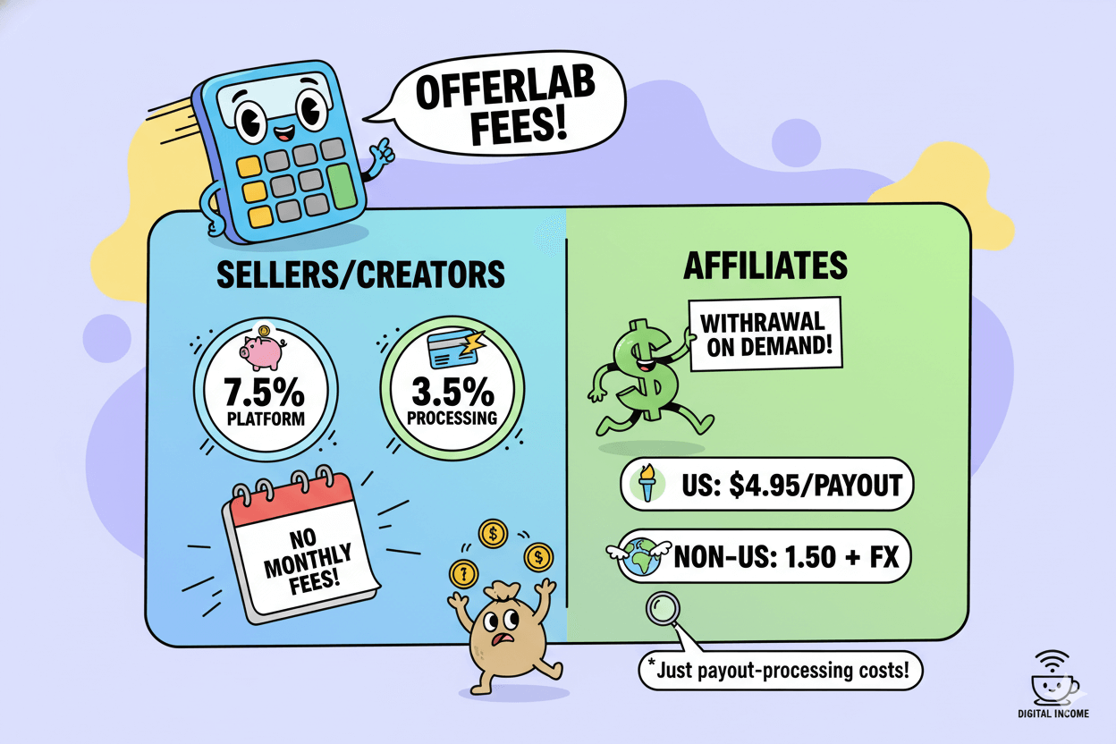 Humorous infographic showing OfferLab fees: 7.5% platform, 3.5% processing for sellers, and affiliate withdrawal fees of $4.95 US, $1.50+FX non-US, with no monthly charges.