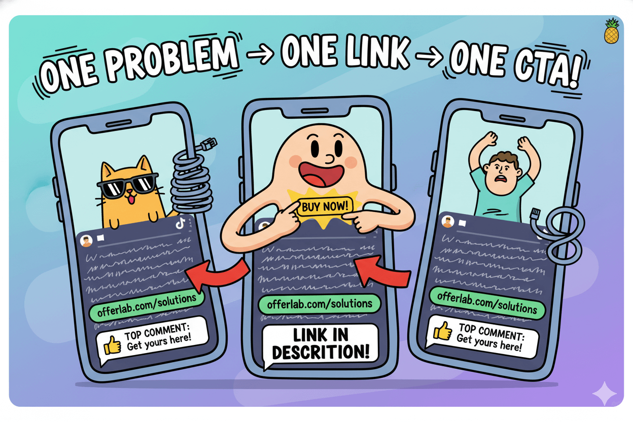 Three cartoon phones display social media short videos, illustrating how to post affiliate links for problem-solving content.