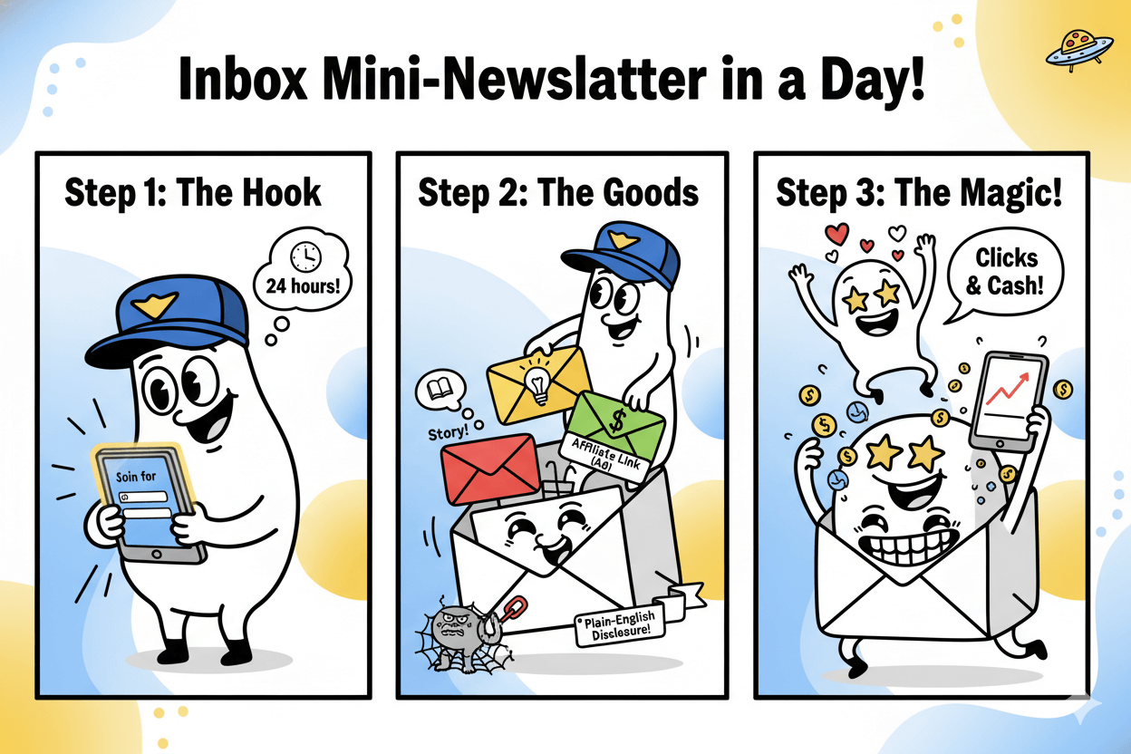 Cartoon illustration of a three-panel process for creating an "Inbox Mini-Newsletter in a Day" with steps for signup, content, and results.
