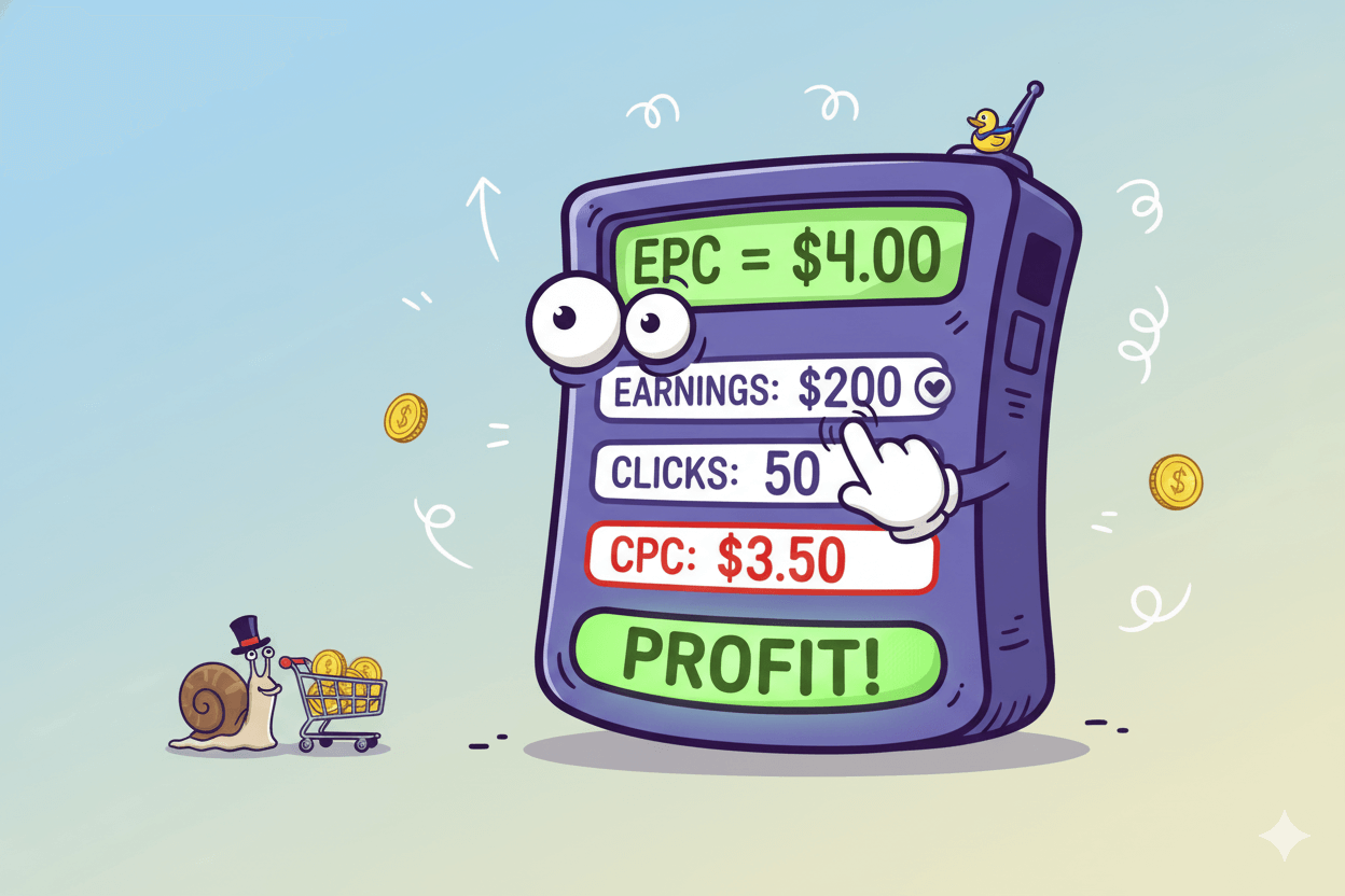 Cartoon calculator with googly eyes shows EPC calculation and profit, humorously illustrating earnings per click.