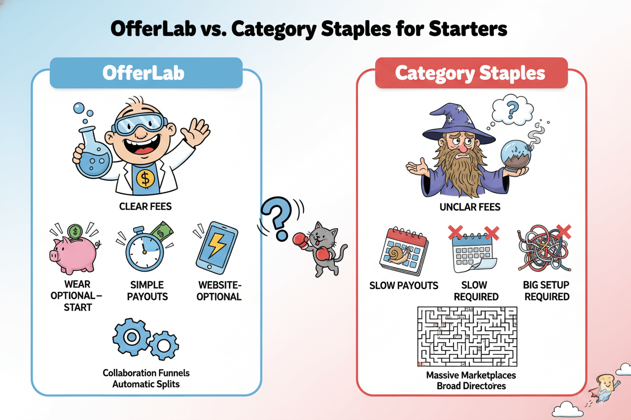 Two-column attribute grid comparing OfferLab and category staples on fees, payouts, and setup friction for beginner affiliate marketers.