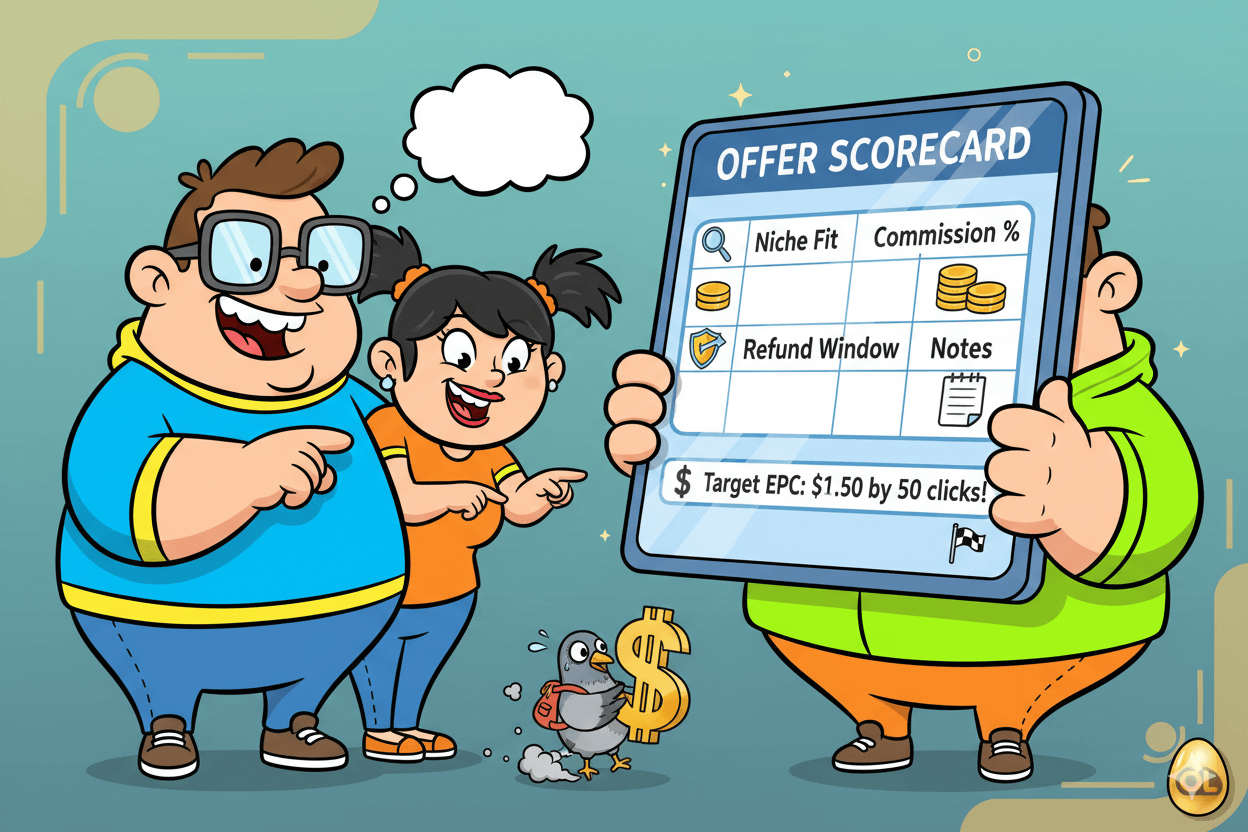 A humorous cartoon couple reviewing an "Offer Scorecard" with fields for niche fit, commission, refund window, and target EPC, illustrating how to pick affiliate offers.