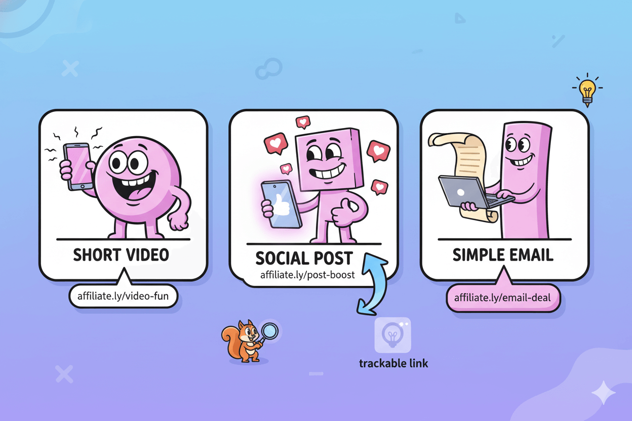 A playful three-tile cartoon shows characters representing a short video, social post, and simple email, each with a disclosed affiliate link, illustrating content repurposing.