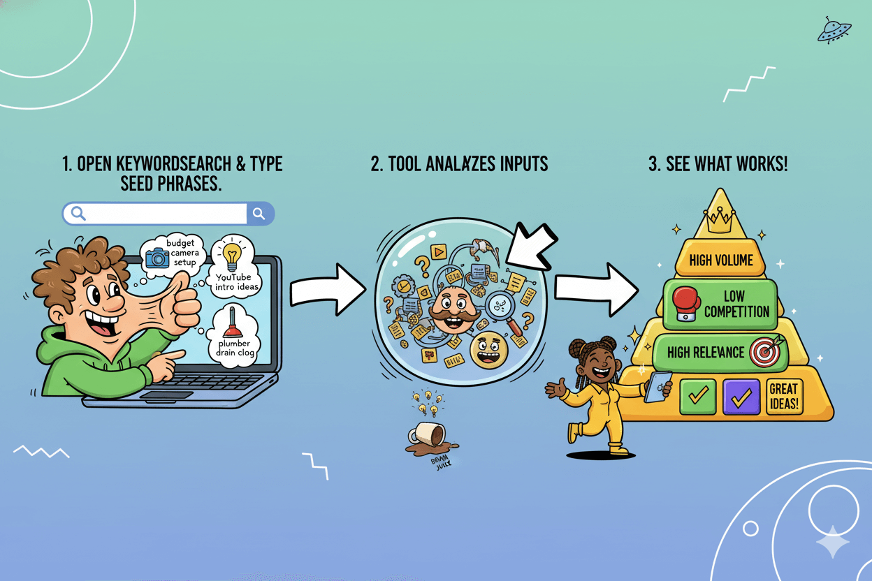 A three-step cartoon shows a person typing seed phrases into KeywordSearch, the tool analyzing them, and a person seeing what works.