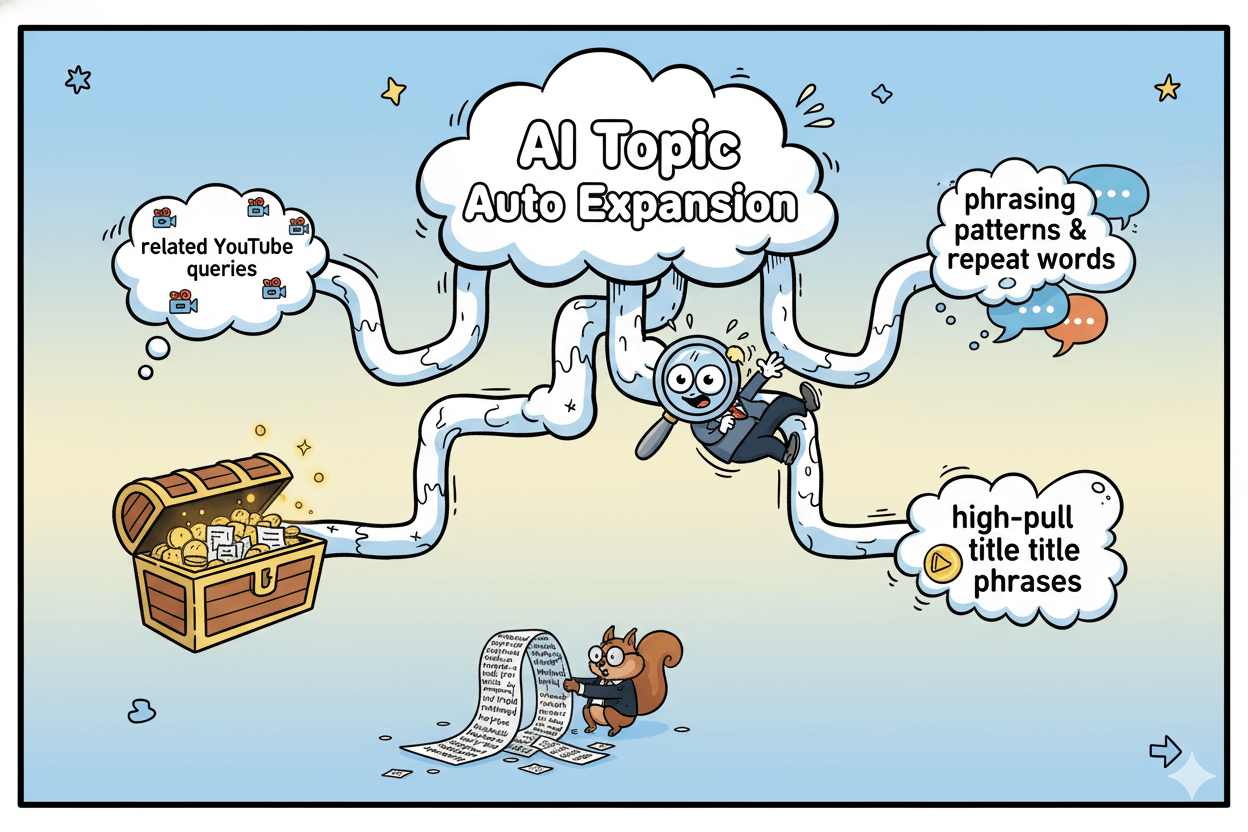 A whimsical flowchart illustrates AI topic auto expansion, showing how it generates related queries and high-pull title phrases.