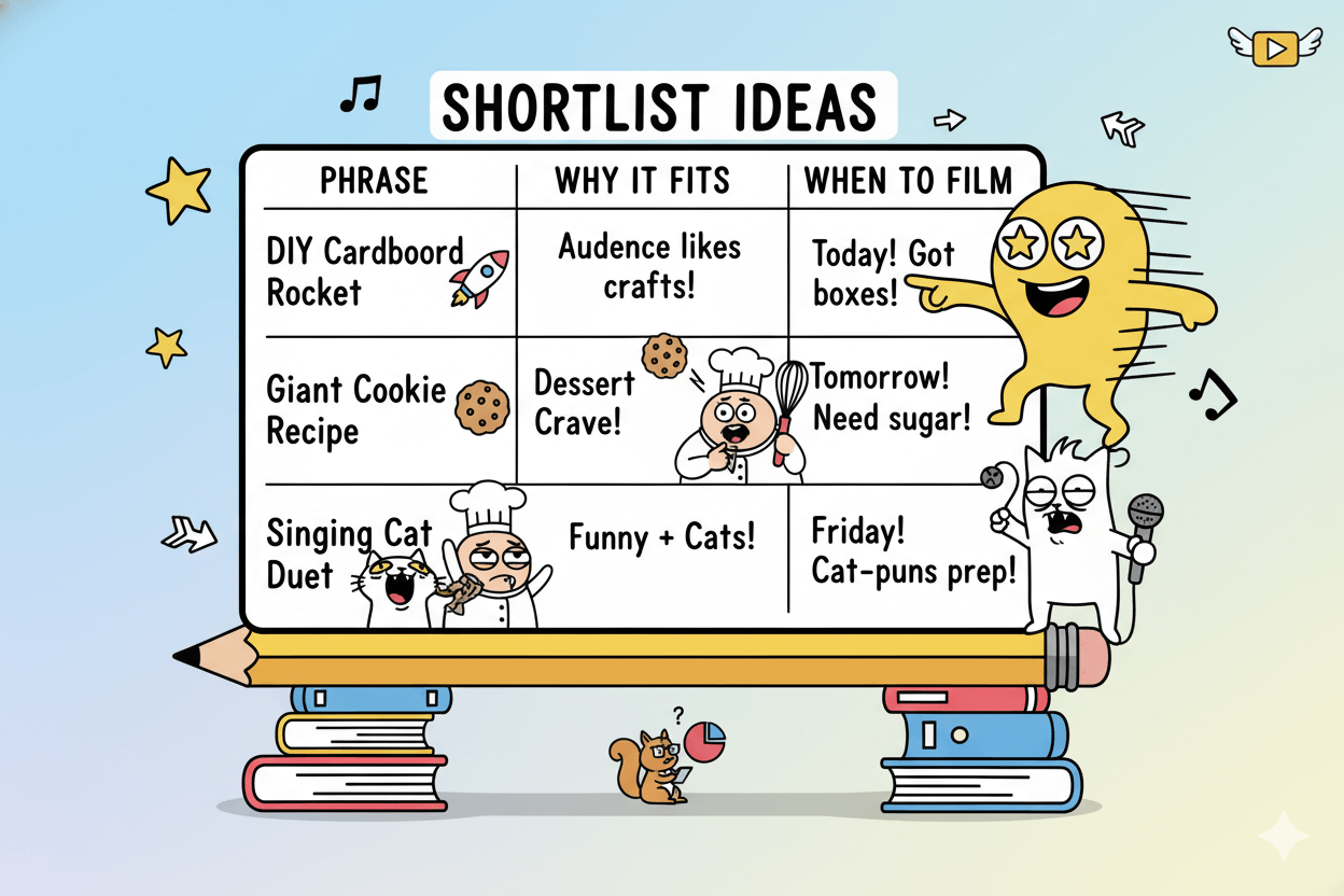 A humorous illustration of a "Shortlist Ideas" table helps content creators quickly pick topics to film.
