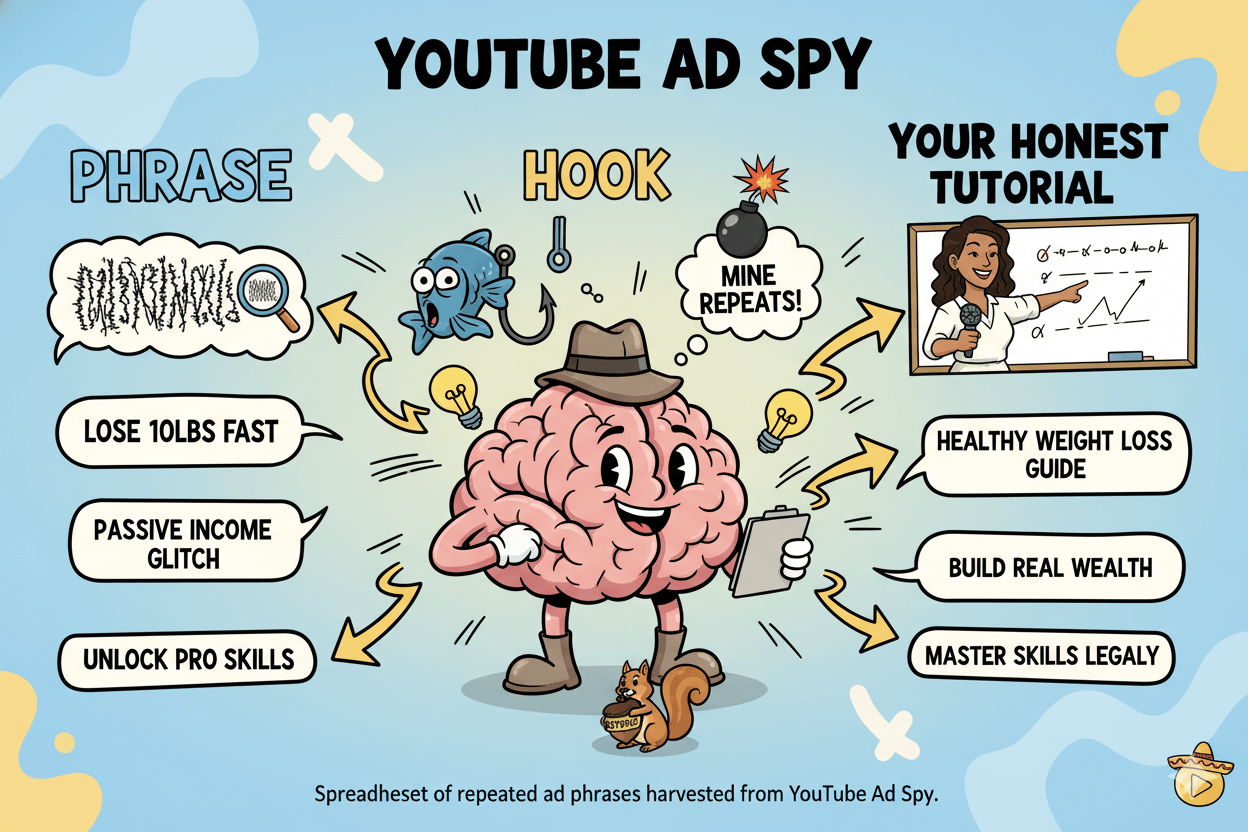 A whimsical flowchart showing how YouTube Ad Spy helps reverse-engineer competitor ad phrases into honest tutorial hooks.