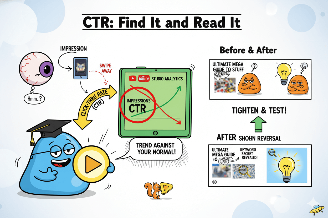 A cartoon flowchart illustrates how to find and interpret a video's Impressions CTR in YouTube Studio for optimizing titles and thumbnails.