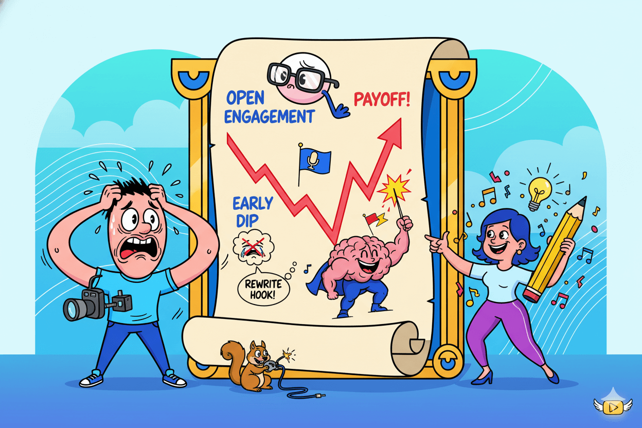 A man reacts to a video's early dip in a whimsical chart while a woman and a brain fix the hook to improve audience retention.