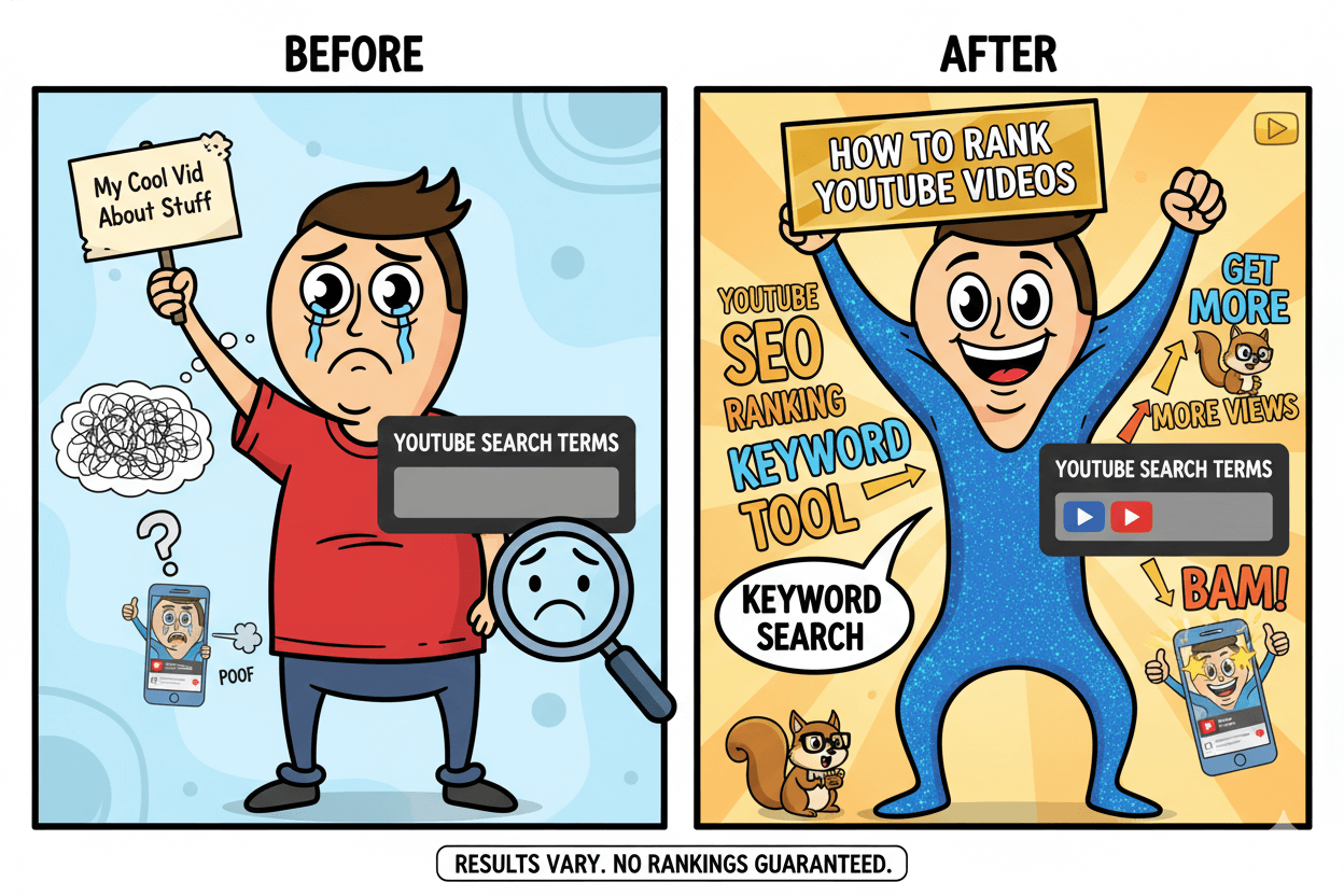 A split comparison of a sad man with confused viewers before and a happy man with increased views after optimizing YouTube search terms.