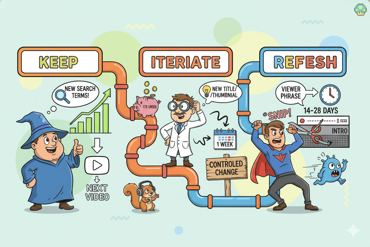 A playful flowchart illustrates how to decide whether to keep, iterate, or refresh a video based on performance data.