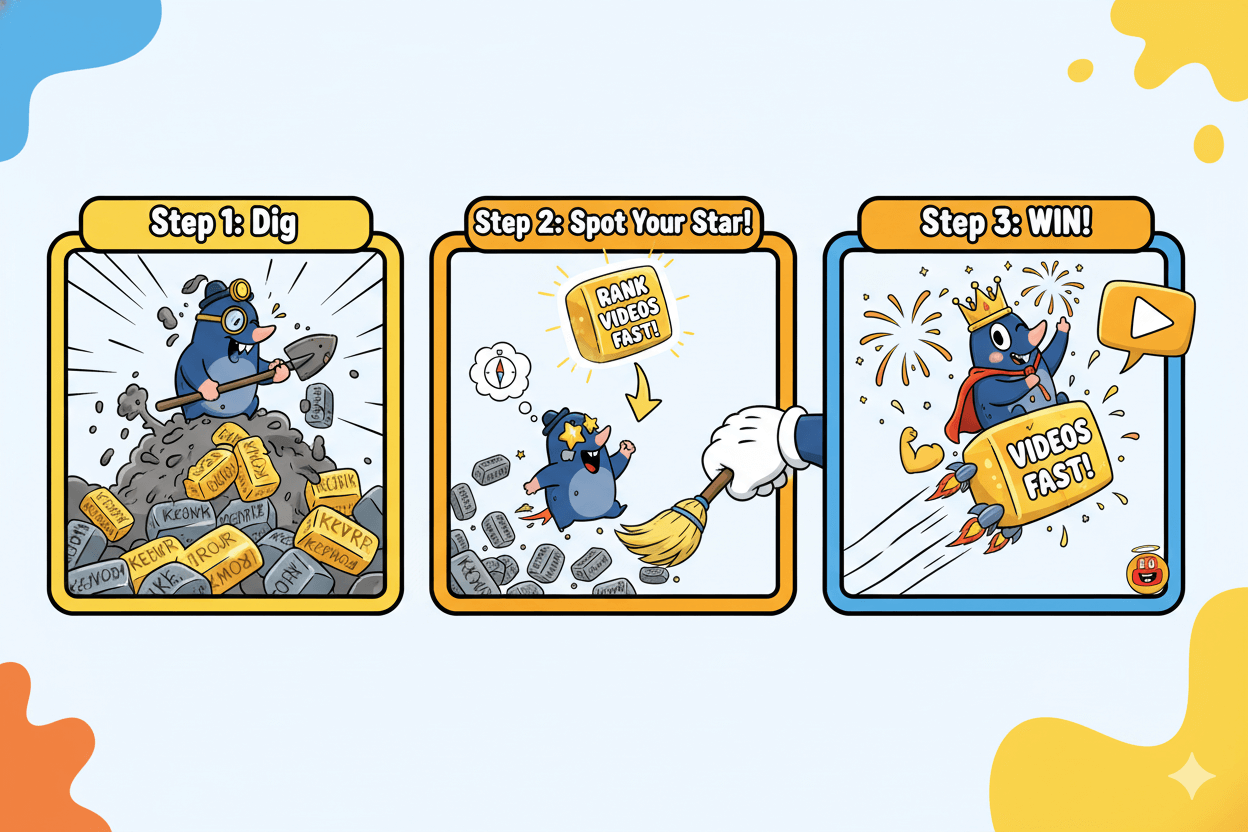 A three-panel cartoon shows a mole digging for keywords, then selecting one "star" keyword, and finally launching to success.