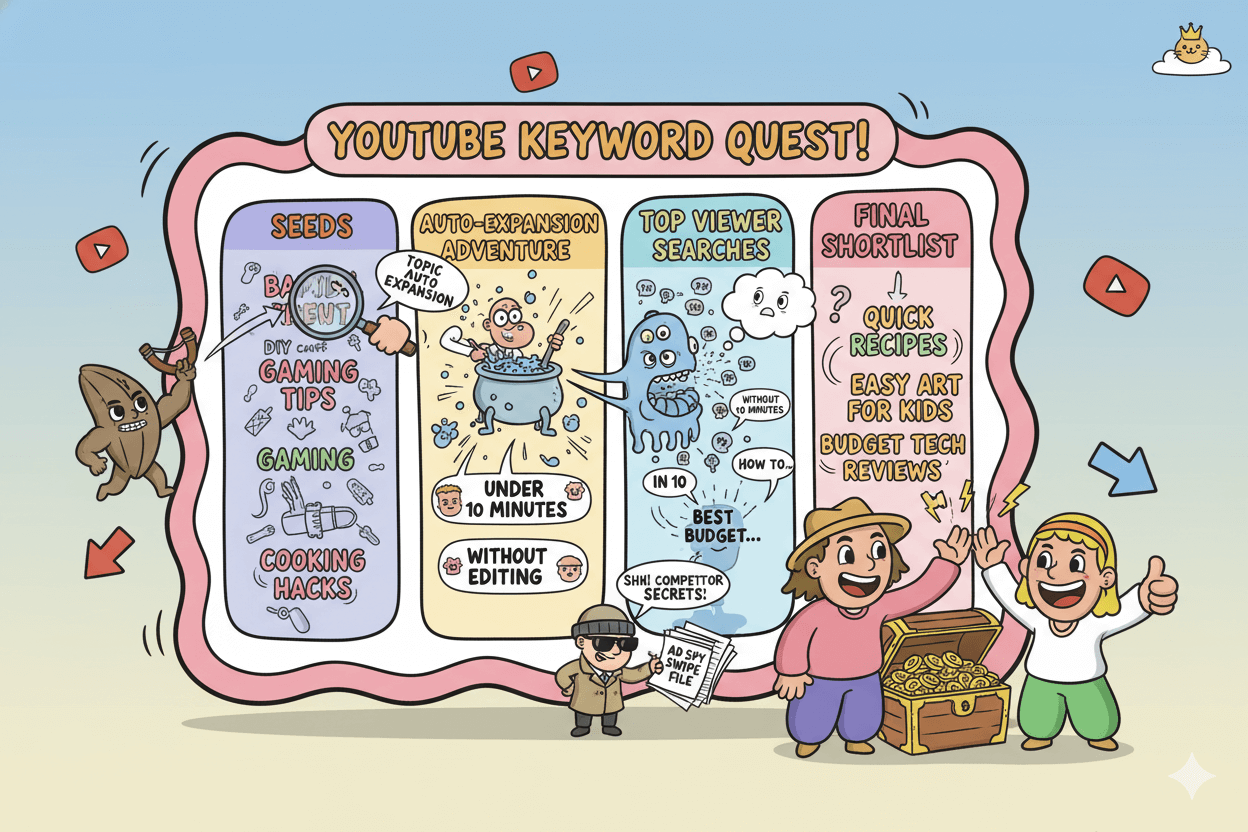 A whimsical "YouTube Keyword Quest" flowchart illustrates how to generate keywords for videos from seeds to a final shortlist.