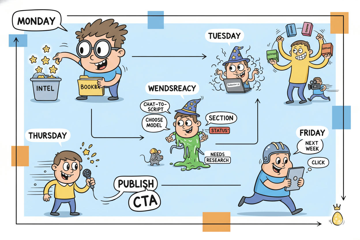 A whimsical flowchart illustrates a small team's weekly content creation cadence, showing exaggerated cartoon characters performing each step from Monday to Friday.