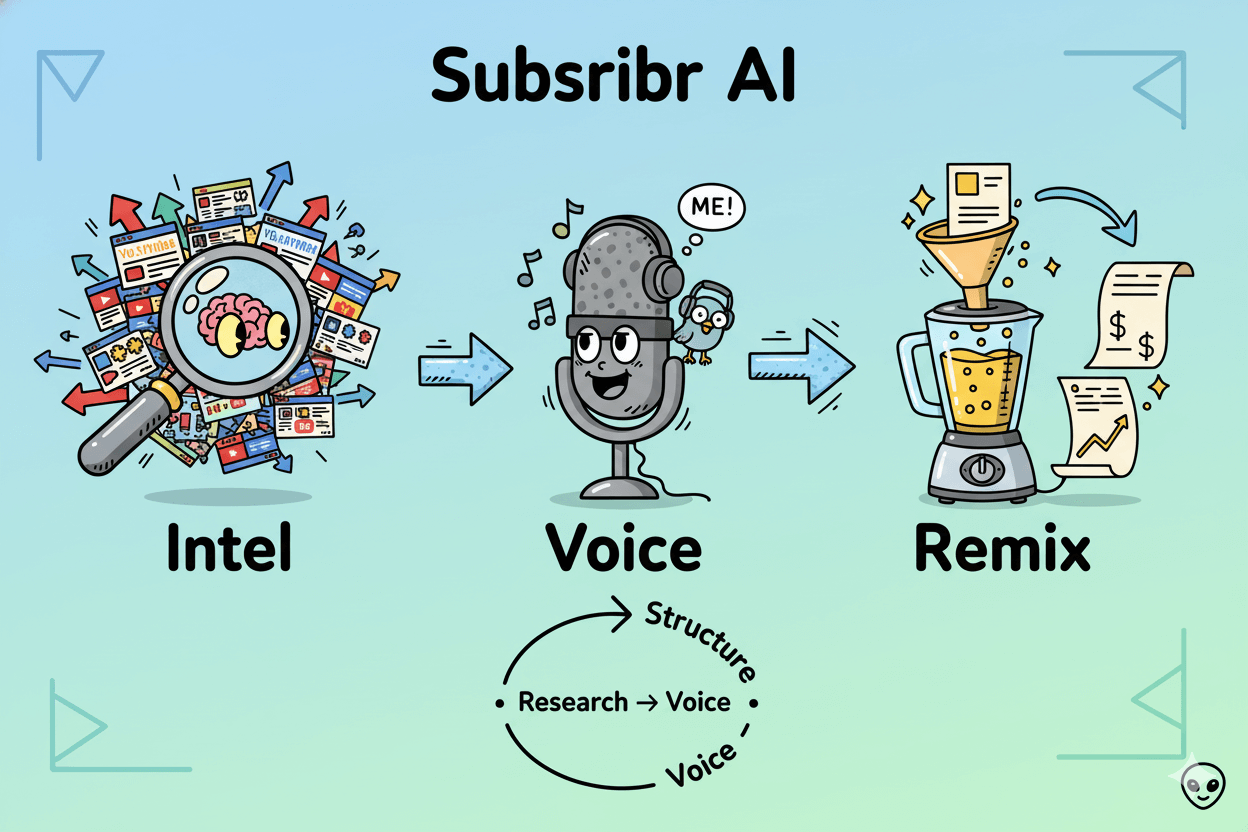 A cartoon flowchart illustrates Subscribr AI's "Intel + Voice + Remix" process, showing research, structure, and voice as core differentiators.