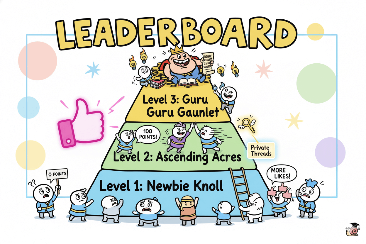 Playful cartoon pyramid hierarchy shows characters at different Skool levels, from "Newbie Knoll" to "Guru Gauntlet," with rewards.