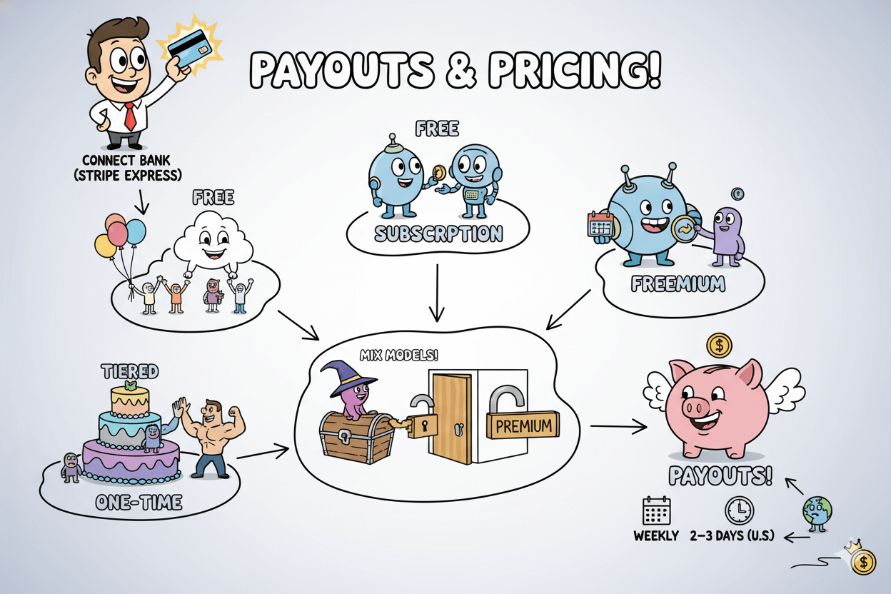 A playful flowchart explains Skool's payout process and pricing models, from connecting a bank to receiving payouts.