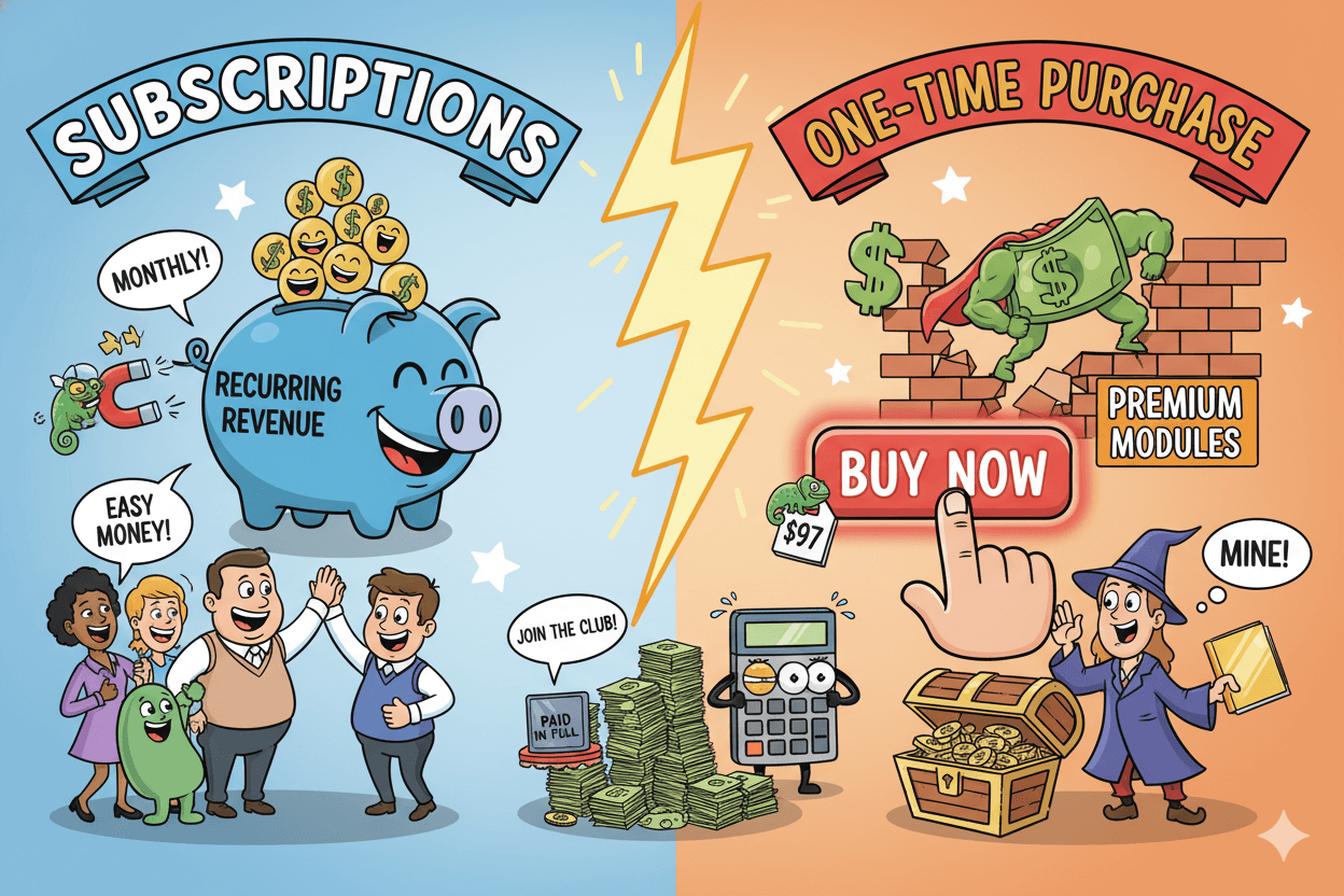 Playful illustration comparing recurring subscriptions with a piggy bank and happy customers, to a "buy now" option for one-time purchases with a wizard.
