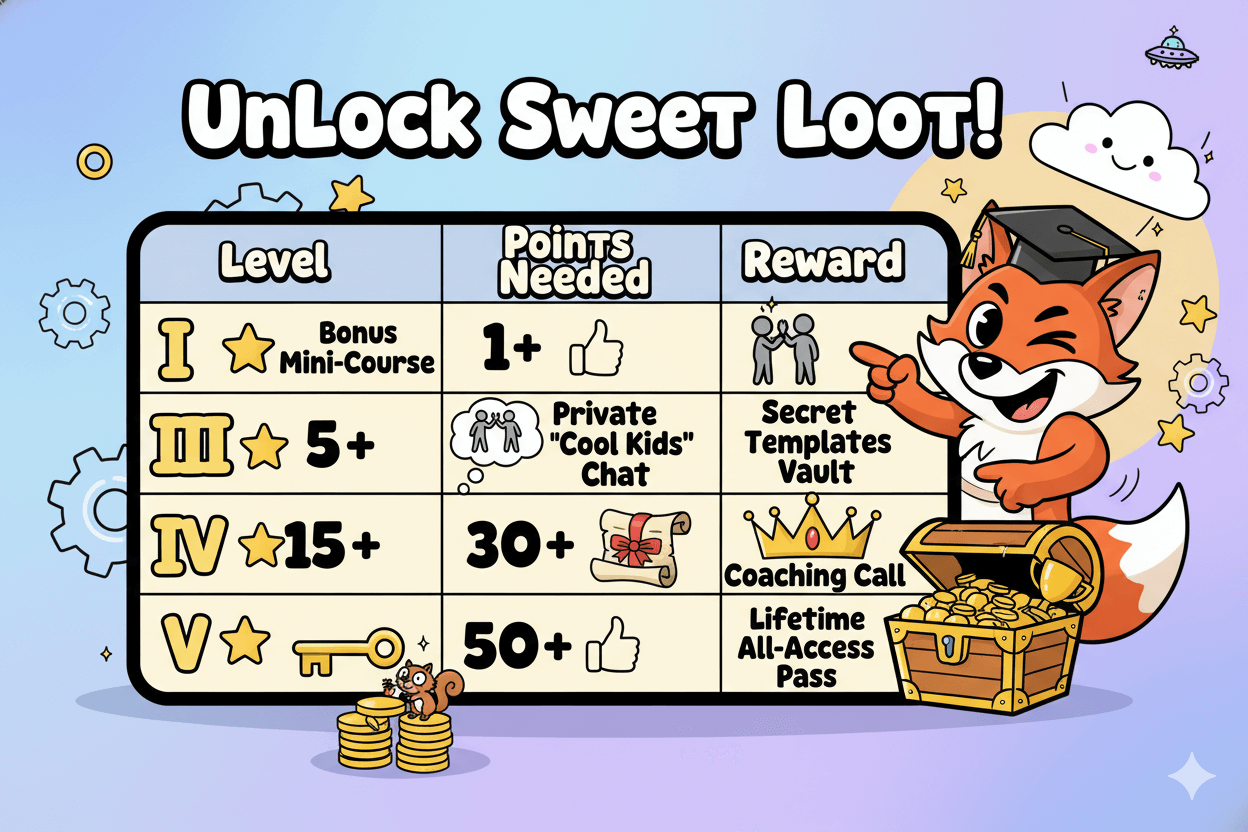 A playful table with columns titled "Level," "Points Needed," and "Reward," visually explaining Skool's level-locked rewards system.
