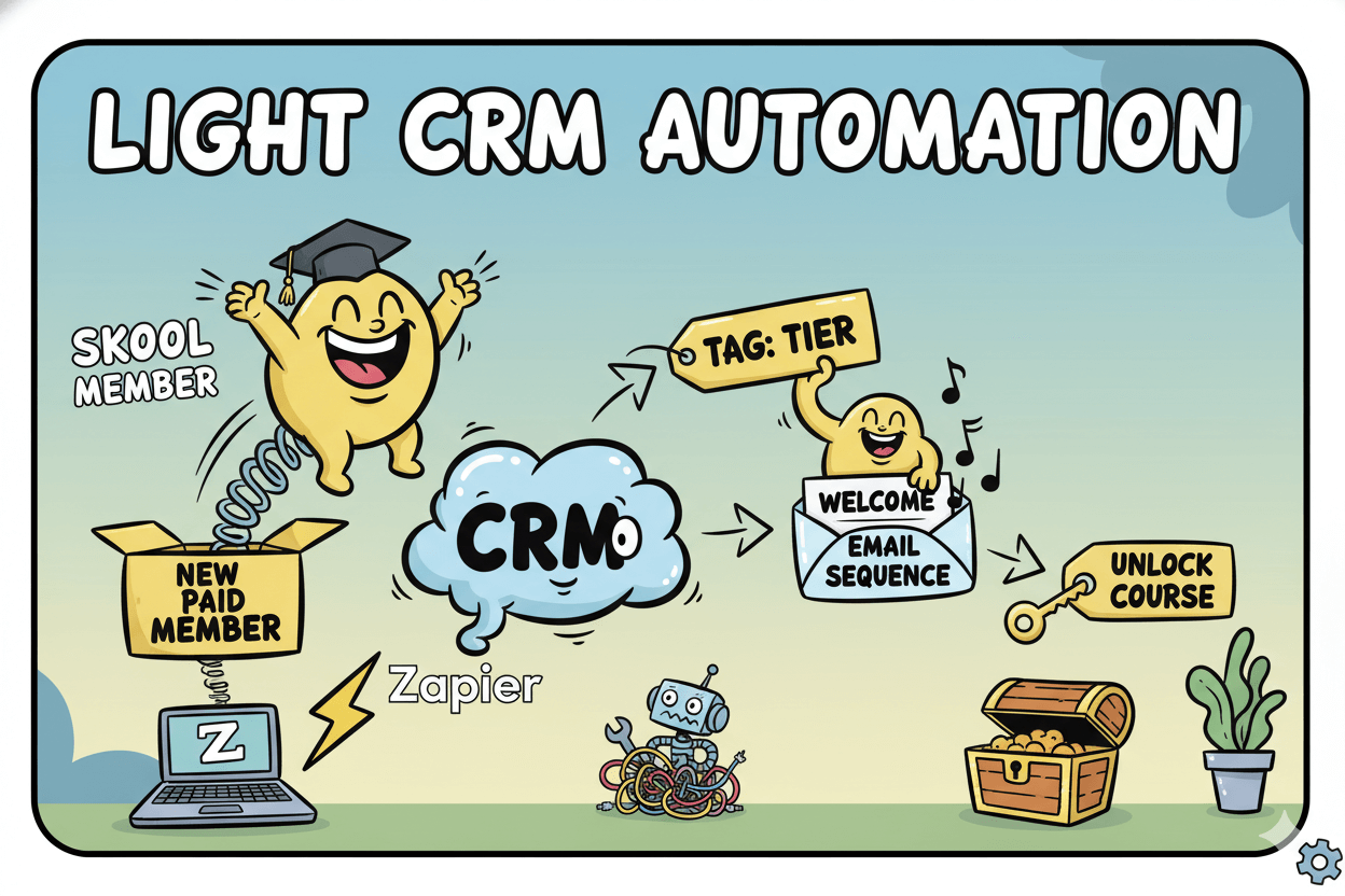 A whimsical flowchart illustrates light CRM automation, showing a new Skool member integrating with CRM via Zapier for welcome emails and course unlocks.