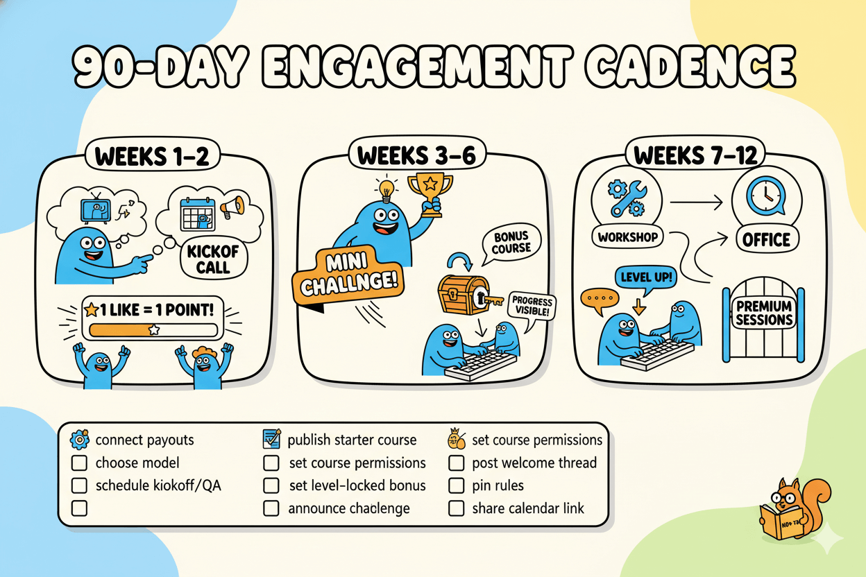 A playful flowchart illustrates a 90-day engagement cadence for a Skool group, detailing actions for members and administrators.