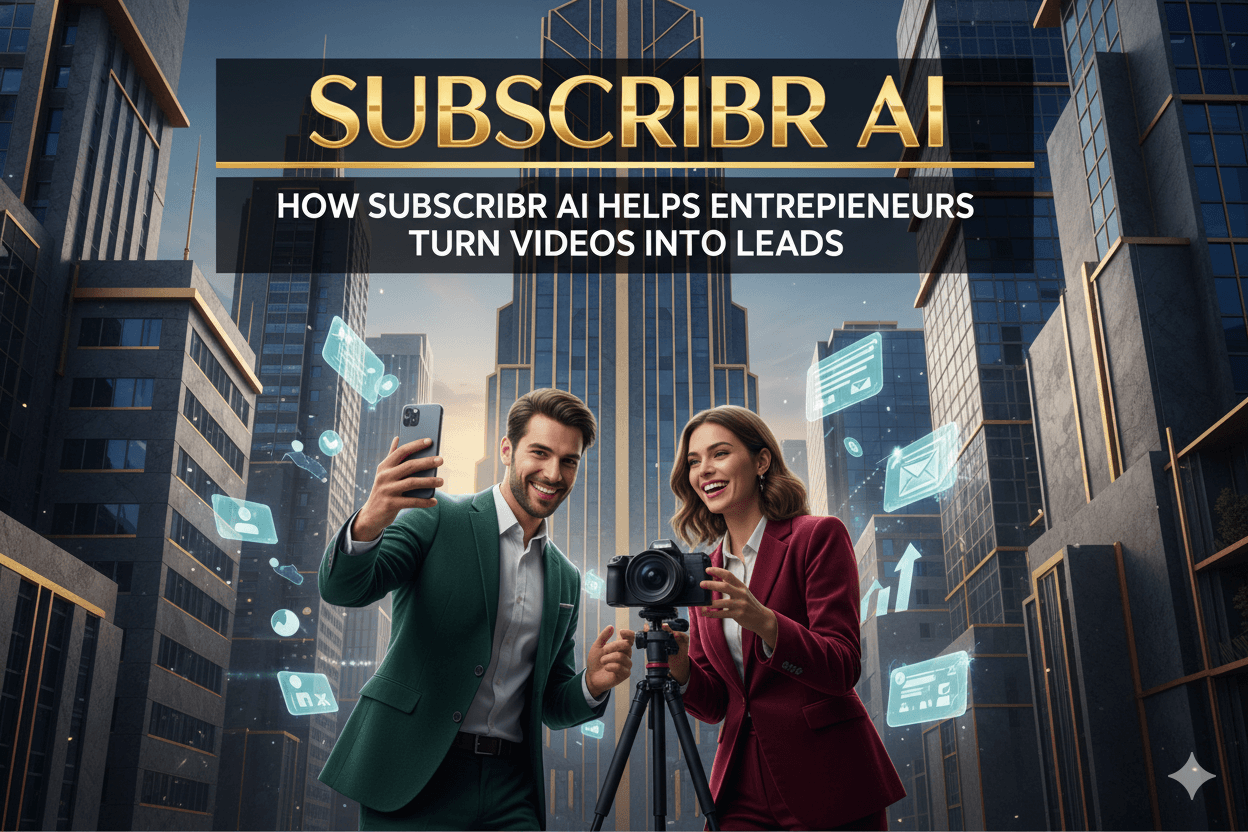 Two young entrepreneurs film each other with a camera and phone, surrounded by city buildings and digital lead icons, illustrating how Subscribr AI helps turn videos into leads.