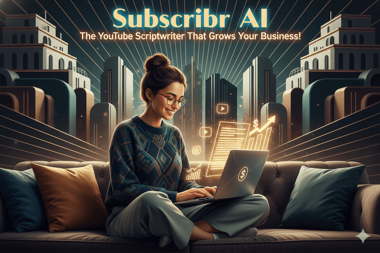 Young woman creating a YouTube script on her laptop, surrounded by glowing business growth icons, for a blog post about an AI scriptwriter.