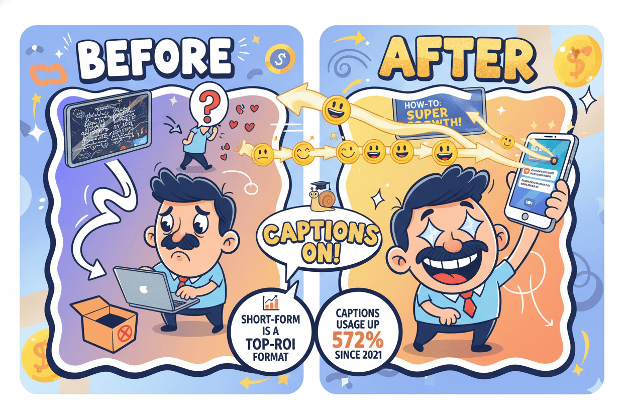 No captions lead to low engagement and views, while captions boost both, resulting in more leads.