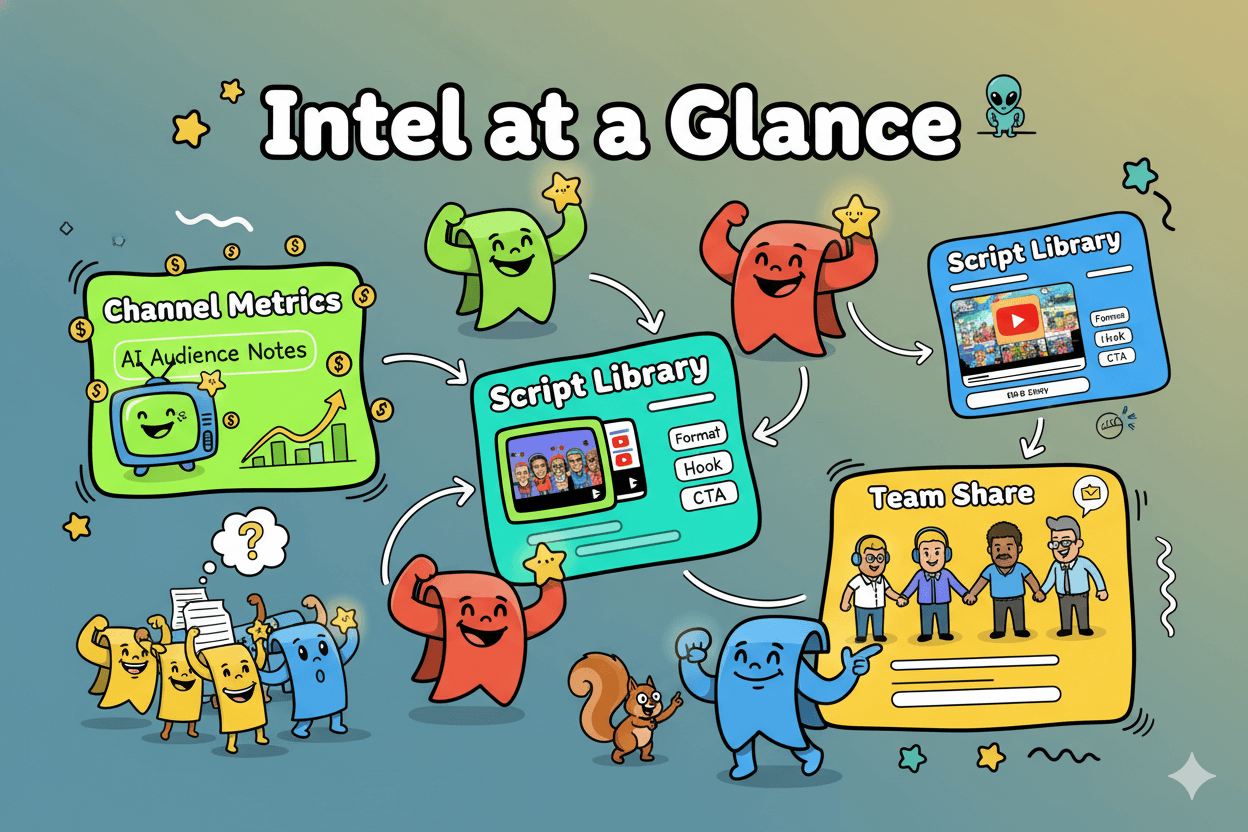 Intel dashboard highlighting high-performing videos and outliers; cards show channel metrics and AI audience notes.