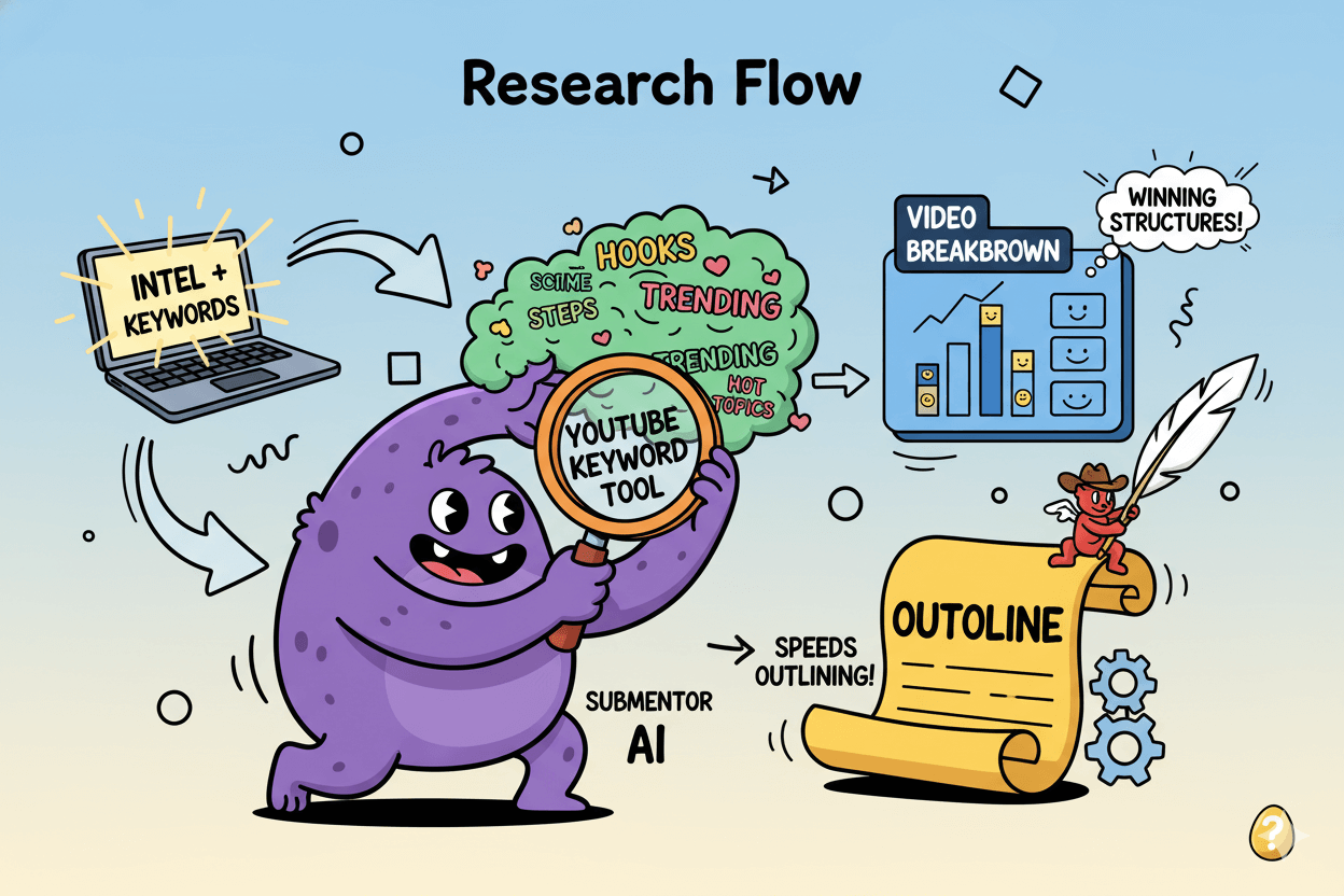 A playful purple monster uses a magnifying glass labelled "YouTube keyword tool" to examine a cloud of "trending" topics, leading to a "video breakdown" chart and an "outline," representing the research flow.