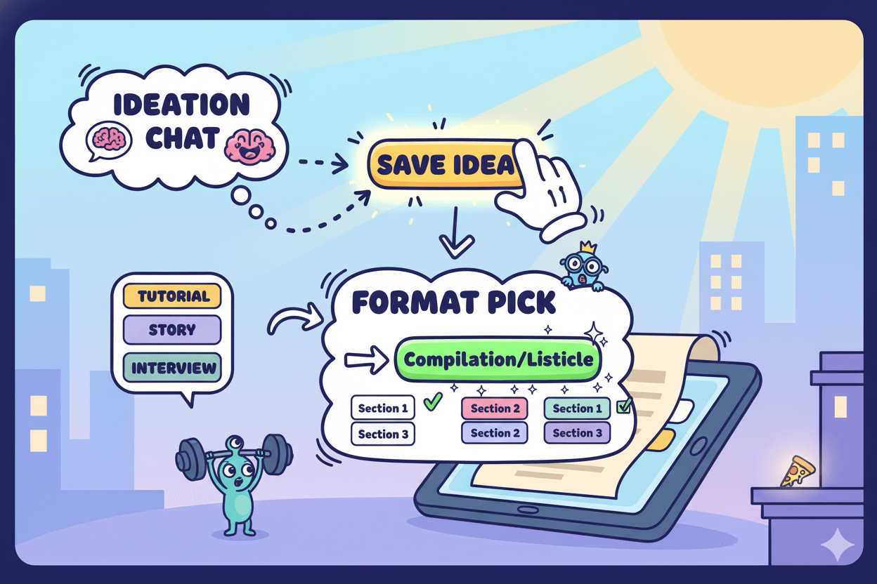 A whimsical flowchart shows "Ideation Chat" leading to "Save Idea" and then to "Format Pick," with "Compilation/Listicle" selected.