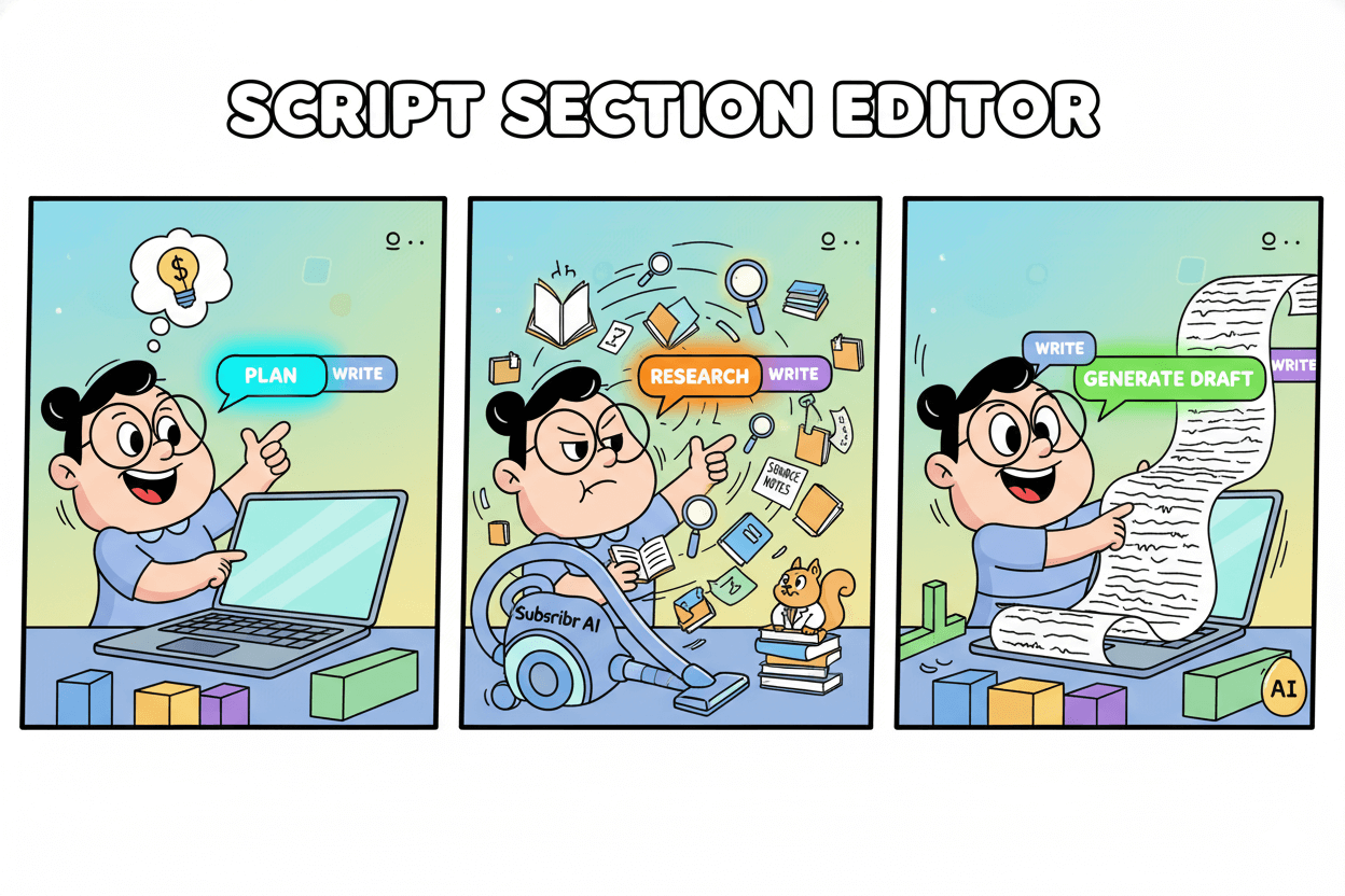 A three-panel cartoon showing a user planning, researching, and writing a script section using Subscribr AI.