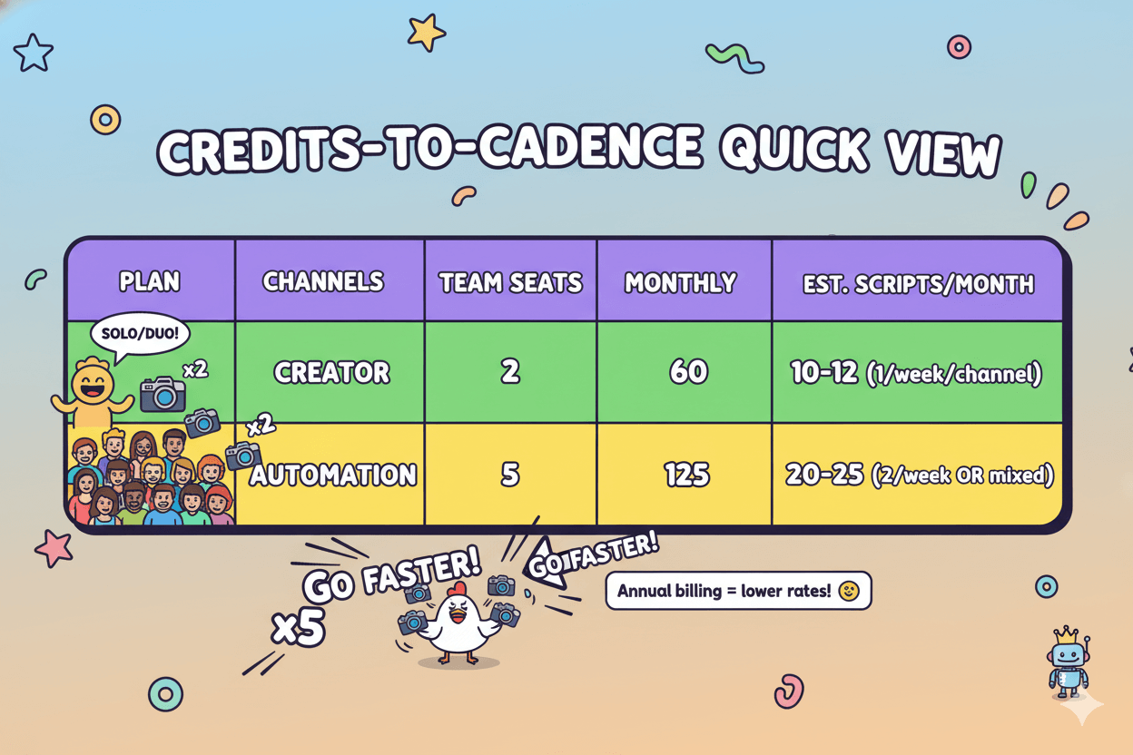 A cartoon table compares Creator and Automation plans, showing channels, team seats, credits, and estimated scripts per month, offering a quick view of credits-to-cadence.