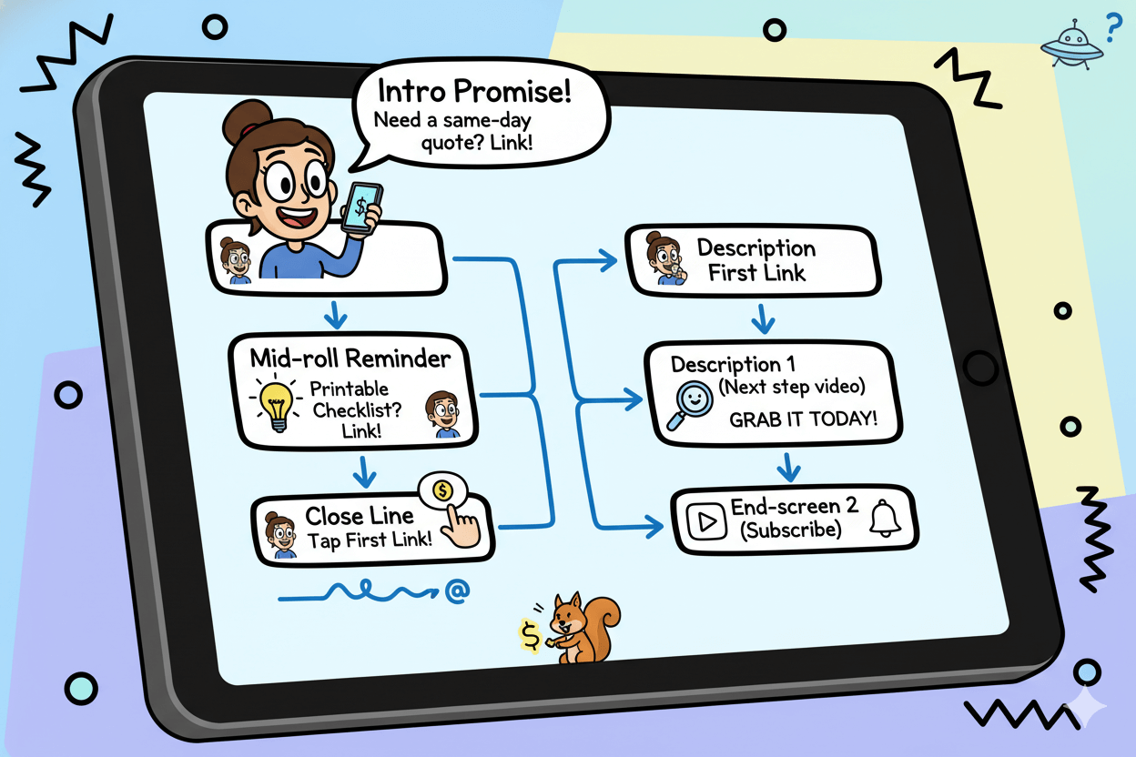 A cartoon tablet displays a whimsical flowchart detailing a call to action (CTA) checklist for video content.