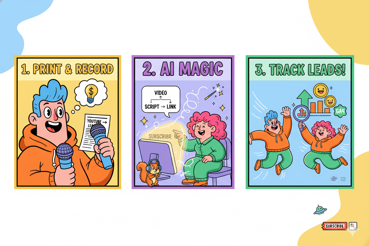 Three cartoon panels illustrate a quick-start checklist: a man recording a video, a woman using AI to refine it, and both celebrating tracked leads.