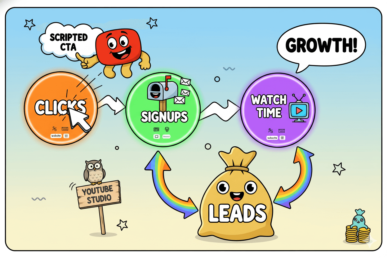 A playful flowchart shows a "scripted CTA" leading to clicks, signups, and watch time, generating leads and growth for businesses.