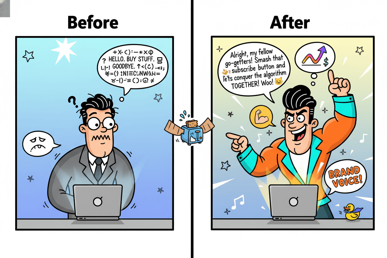 Cartoon man transforms from confused to confident after applying his brand voice to a script on his laptop in a before/after comparison.