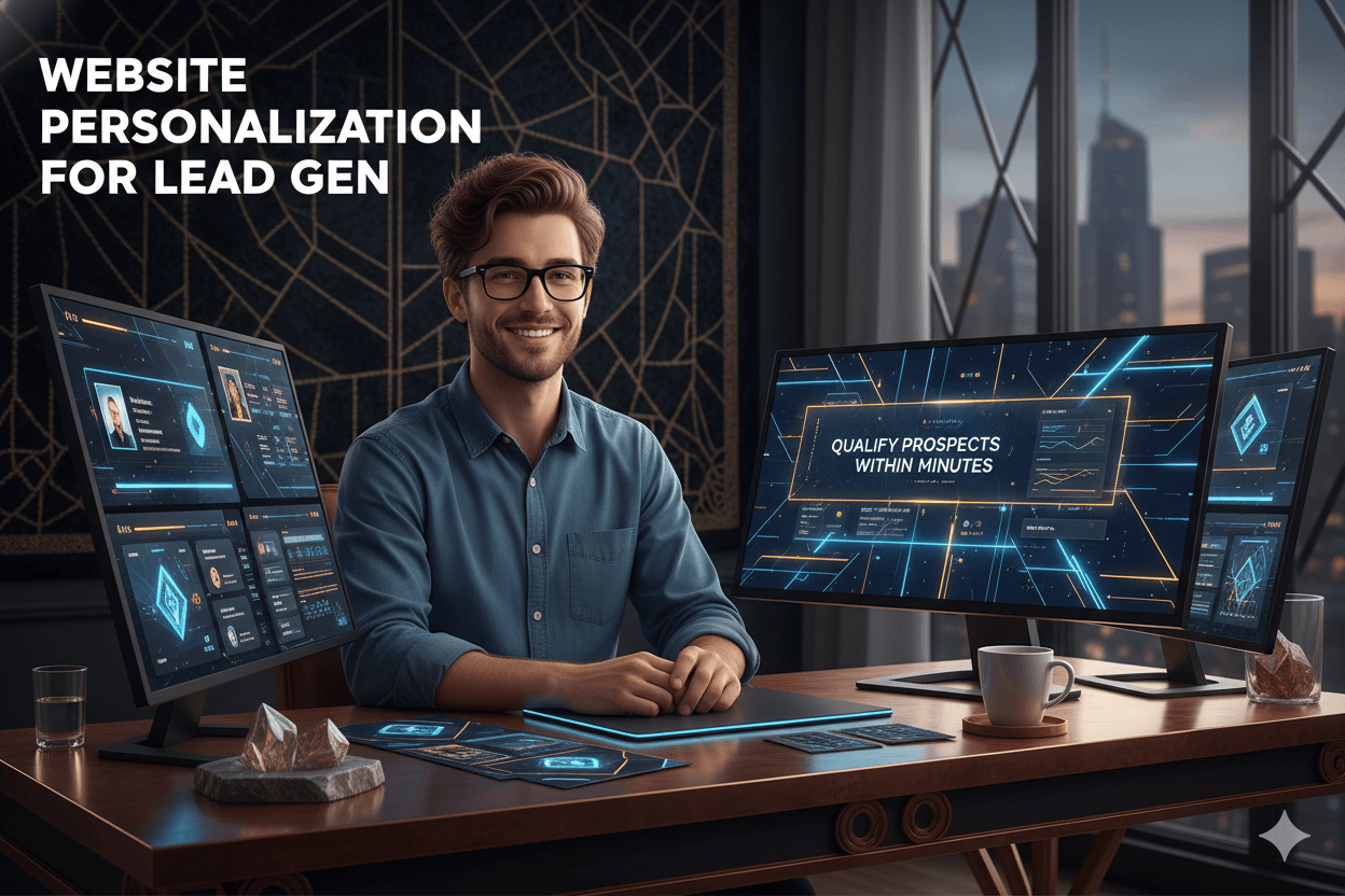 Young, smiling male entrepreneur at a desk with multiple monitors displaying personalized website data for lead generation