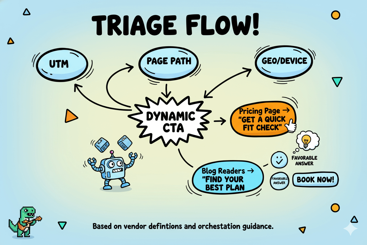A whimsical triage flow diagram showing how segments like UTM, page path, and geo lead to a dynamic CTA