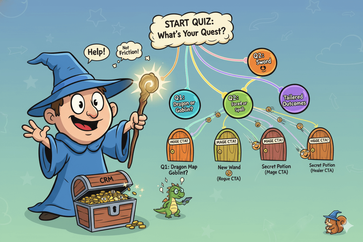 Cartoon wizard with a quiz funnel branching map showing 7-10 questions leading to tailored outcomes and CTAs, with data passing to a CRM