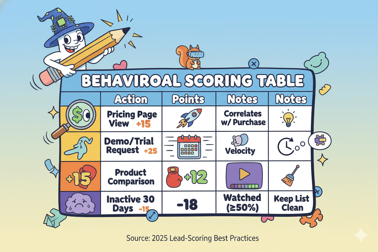 A whimsical behavioral scoring table, showing actions like pricing page views and demo requests with corresponding points and notes.