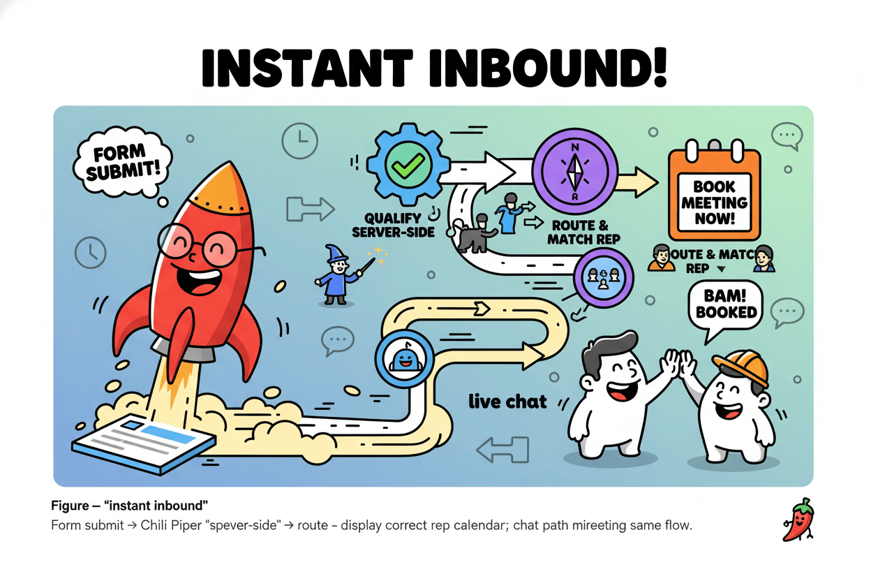 A cartoon flowchart illustrates instant inbound lead qualification, routing, and meeting booking from form submission or live chat.