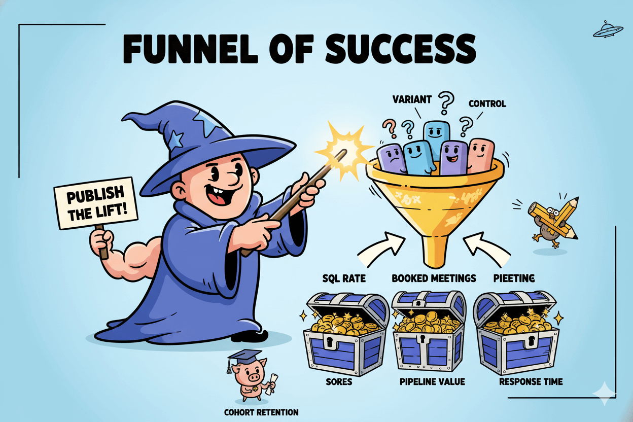 A wizard guides colorful characters through a "Funnel of Success" to illustrate measuring marketing metrics from variant to pipeline.