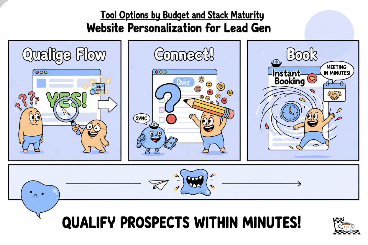 A whimsical flowchart shows cartoon characters moving through "qualify," "connect," and "book" stages for website personalization.