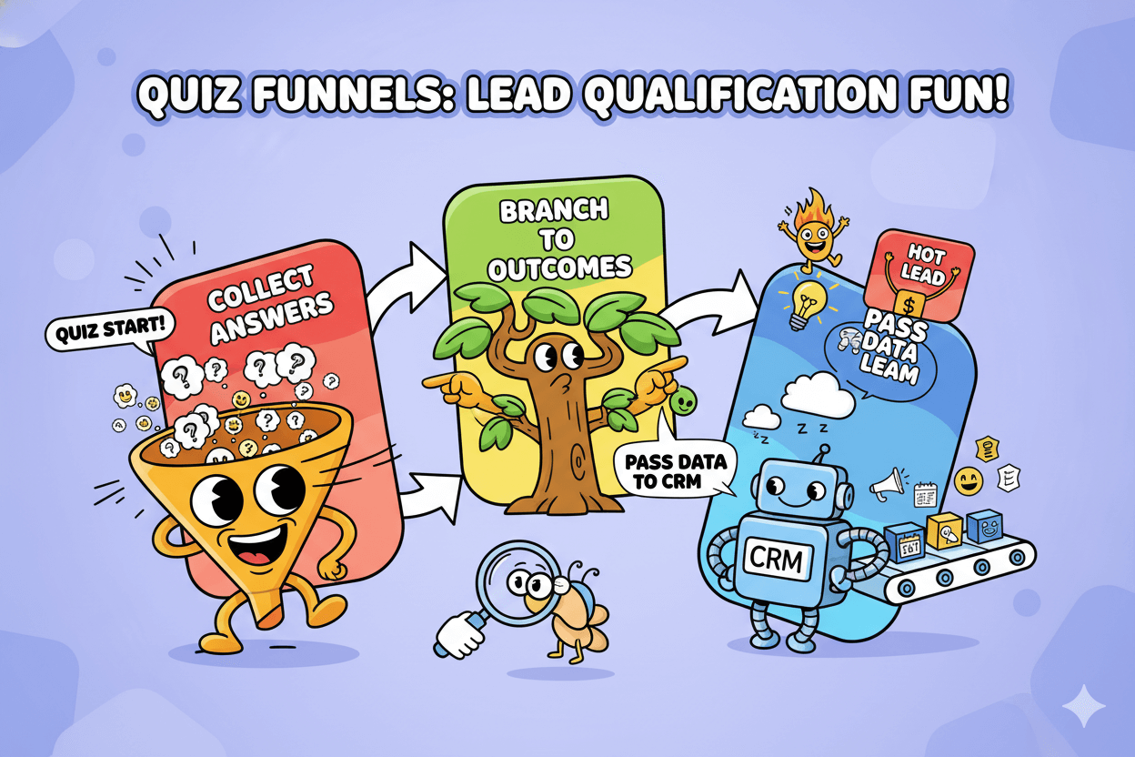 A cartoon flowchart visually explains how quiz funnels work to qualify leads through collecting answers, branching outcomes, and passing data to a CRM