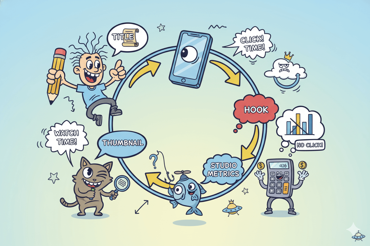 A cartoon cycle diagram illustrates how title, thumbnail, hook, and studio metrics create a loop for improved YouTube content.